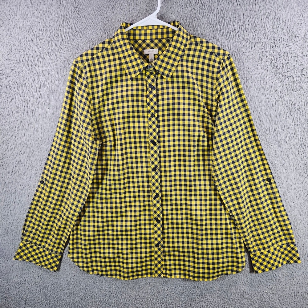 Talbots Womens Yellow Navy Blue Gingham Cotton Roll Tab Button Down Shirt Size M